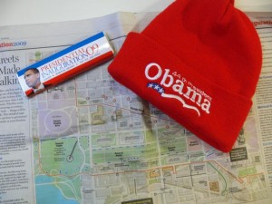 Everything you need to enjoy the Inauguration.. a hat, a visitor's map, and a chocolate bar