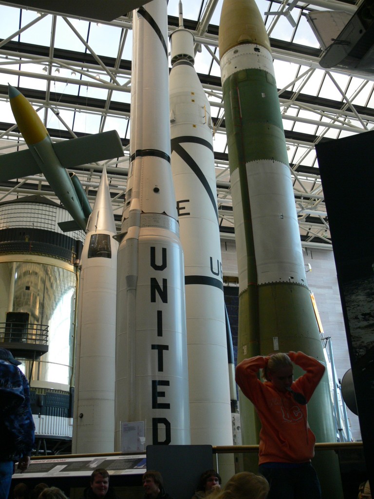 Full-scale reproduction of the Jupiter-C launch vehicle with models of the Explorer I and other satellites 