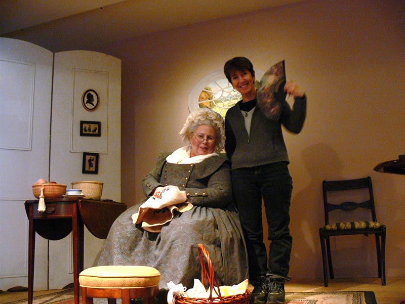 Annie gets needlepoint lessons from Lady Martha Washington Annie gets needlepoint lessons from Lady Martha Washington, Oscar-worthy reenactor.